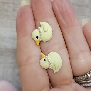 Yellow Chick Easter Bird With Pearls Stud Earrings